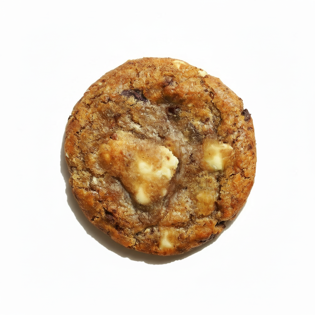 Cookie with white chocolate chips on a white background